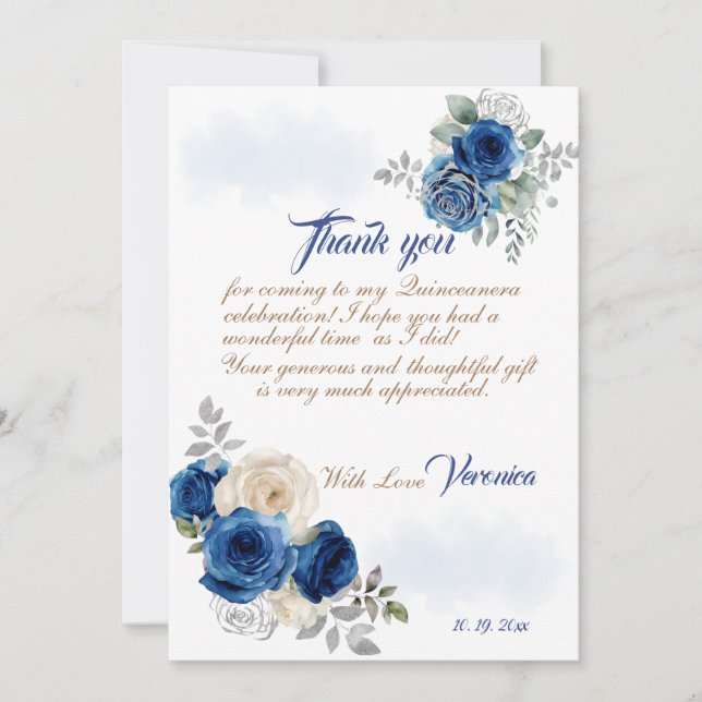 Blue Floral Princess Girl Birthday Party Dankeskarte (Vorderseite)