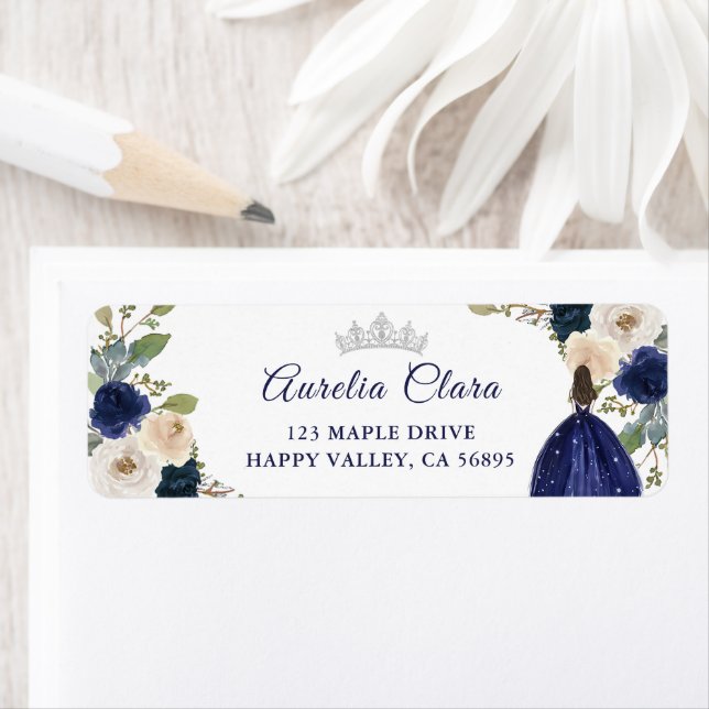 Blue Floral Princess Quinceanera Rücksendeadresse (Insitu)