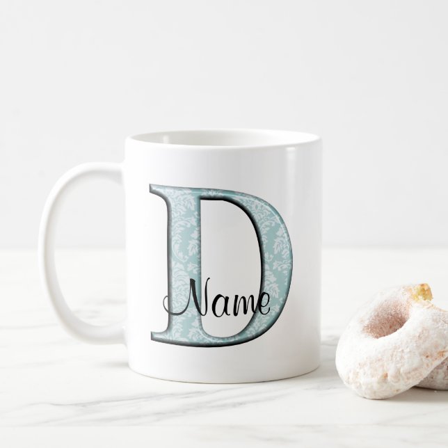 Blue Floral Print D Monogramm Initialen Coffee Tas Kaffeetasse (Mit Donut)