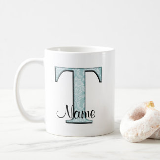 Blue Floral Print T Monogramm Initialen Coffee Tas Kaffeetasse