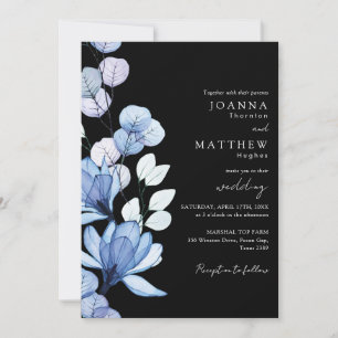 Blue Floral QR Code Black and White Wedding Einladung