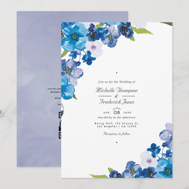 Blue Floral QR Code UAWG Garden Wedding Invita Einladung (Vorne/Hinten)