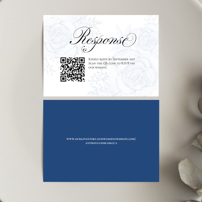 Blue Floral QR Code Wedding RSVP Insert Card Karte (Elegant blue floral RSVP card with modern QR code for easy online replies and stylish wedding coordi)