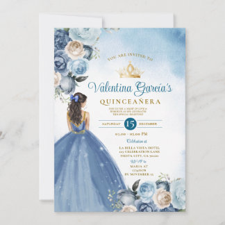Blue Floral Quinceañera 15 Anos Gold Crown Glitzer Einladung