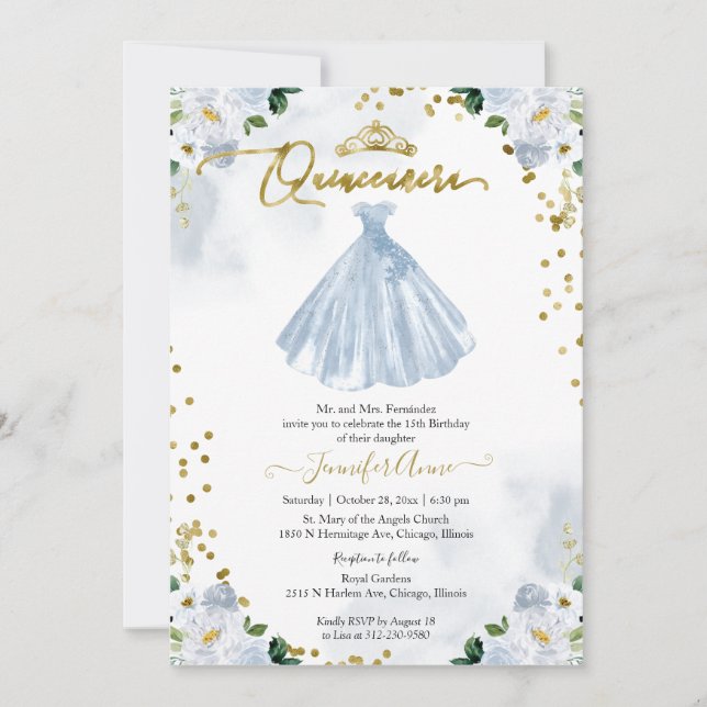 Blue Floral Quinceanera Einladung Bilingual (Vorderseite)