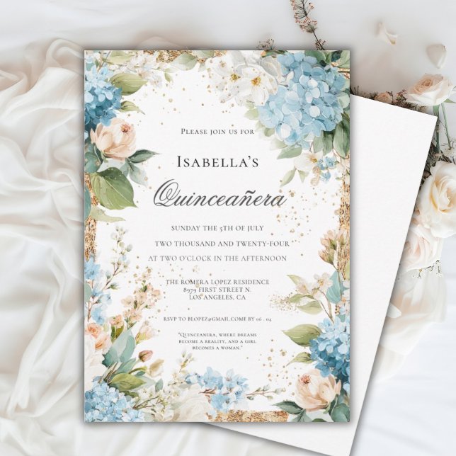 Blue Floral Quinceañera Elegant Celebration 15 Einladung (Von Creator hochgeladen)