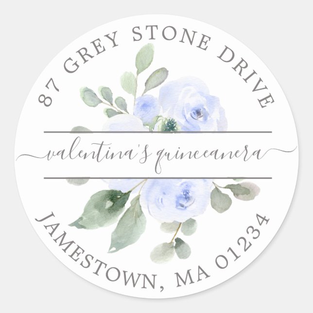 Blue Floral Quinceanera Rücksendeadresse Runder Aufkleber (Vorderseite)