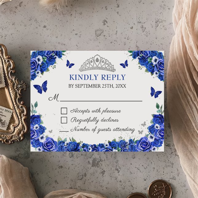 Blue Floral Quinceñera Butterfells RSVP Card (Von Creator hochgeladen)