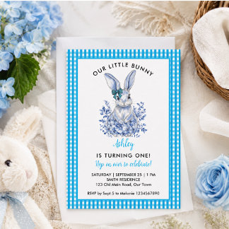 Blue Floral Rabbit 1. Geburtstag für Kinder Einladung