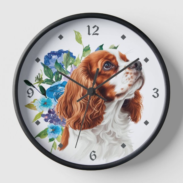 Blue Floral Red Cavalier King Charles Spaniel Dog Uhr (Vorderseite)