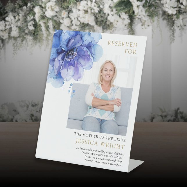 Blue Floral Reserviert für eine Hochzeit im Foto R Sockelschild (Blue Floral Reserved Save A Seat Photo Wedding Pedestal Sign)