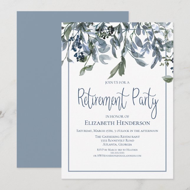 Blue Floral Retirement Party Einladung (Vorne/Hinten)