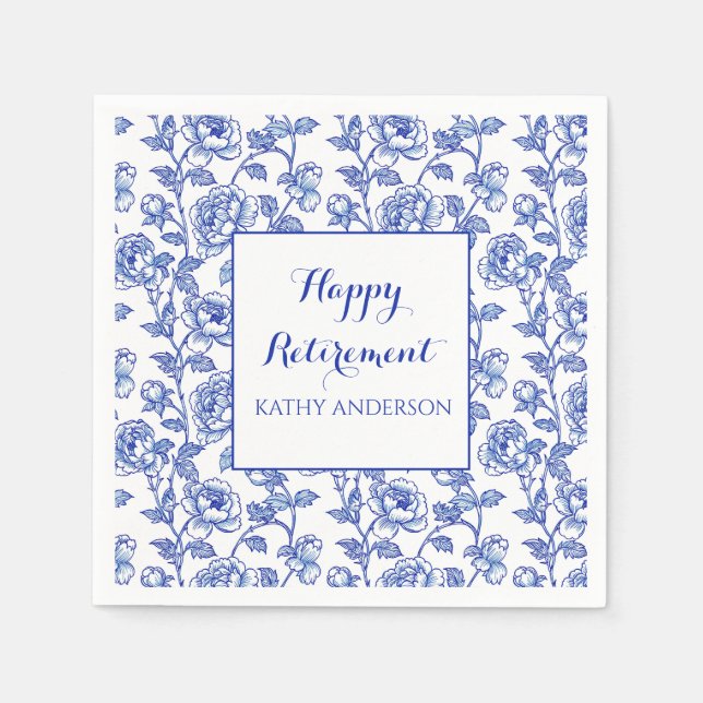 Blue Floral Retirement Party Serviette (Vorderseite)