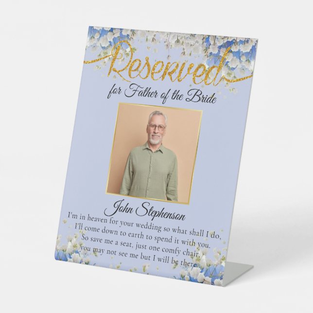 Blue Floral Rettete ein Foto für Hochzeiten Sockelschild (Vorderseite)