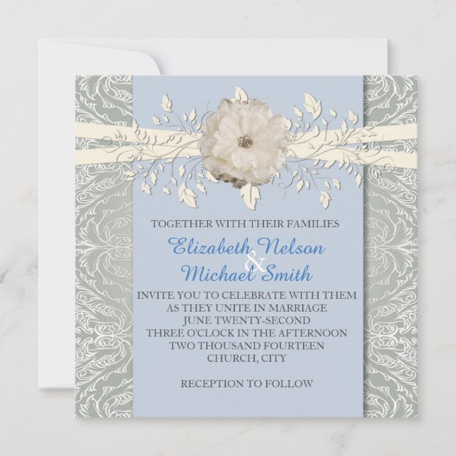 Blue Floral Ribbon Silver Damask Wedite Einladung (Vorderseite)