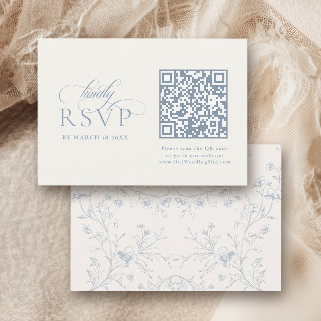 Blue Floral Romantic Calligraphy with QR Code RSVP Karte (Von Creator hochgeladen)