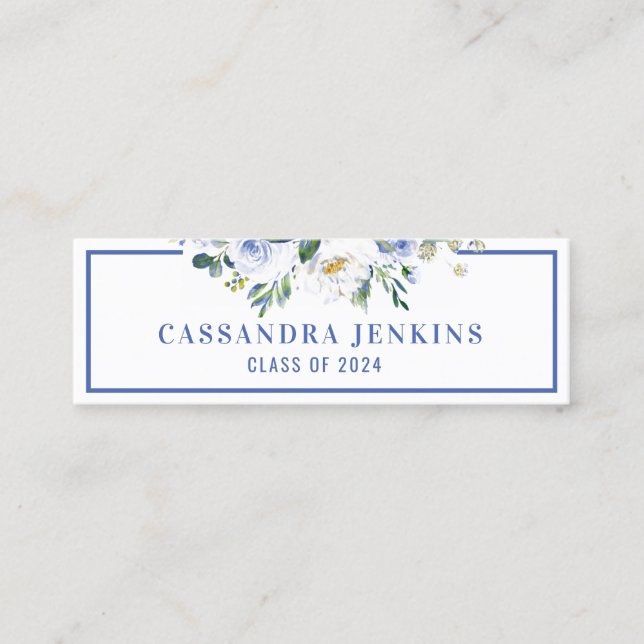 Blue Floral Rose Abschluss Name Card Mini Visitenkarte (Vorderseite)