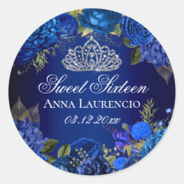 Blue Floral Rose Diamond Tiara Sweet 16 Runder Aufkleber