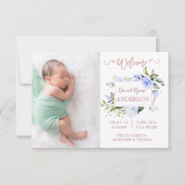 Blue Floral Rose Gold Boy Foto Geburtsankündigung Ankündigung