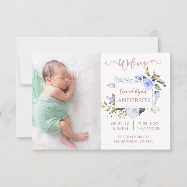 Blue Floral Rose Gold Boy Foto Geburtsankündigung Ankündigung (Vorderseite)