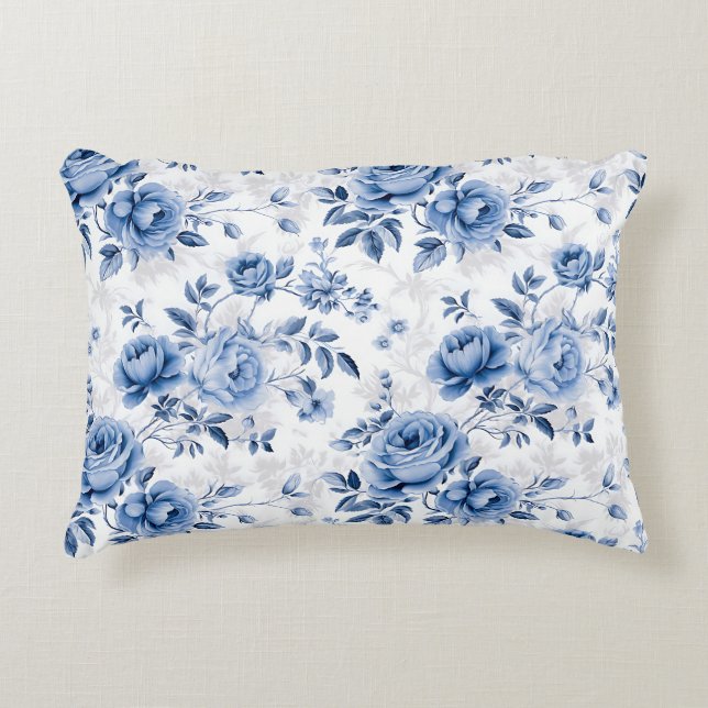 Blue Floral Rose Pattern Throw Pillow Dekokissen (Vorderseite)