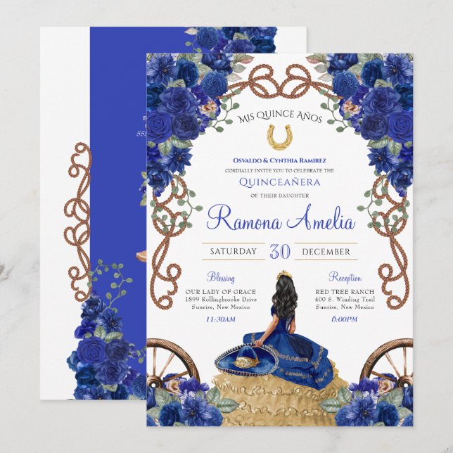 Blue Floral Rustikaler Charro Western Quinceañera Einladung (Vorne/Hinten)
