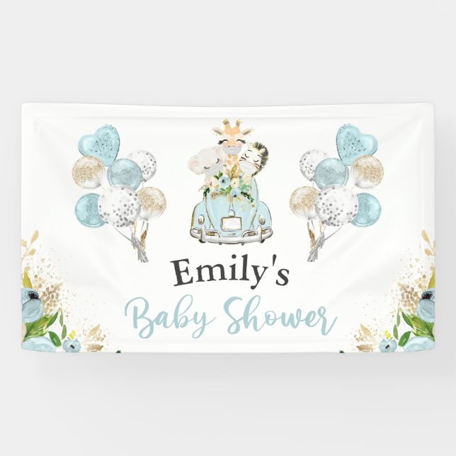 Blue Floral Safari Animals Drive by Baby Dusche Banner (Horizontal)