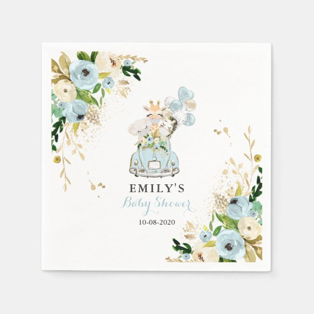 Blue Floral Safari Animals Drive by Baby Dusche Serviette (Vorderseite)