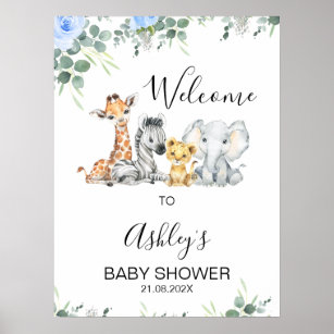 Blue Floral Safari Baby Dusche Begrüßungszeichen Poster