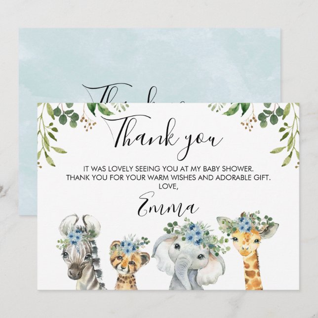 Blue Floral Safari Baby Dusche Danke Karte (Vorne/Hinten)