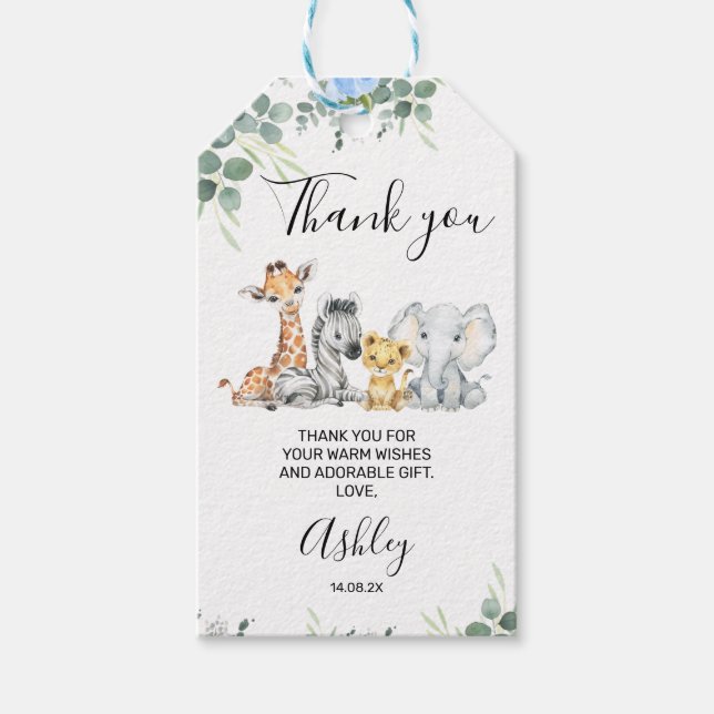 Blue Floral Safari Baby Dusche Vielen Dank Geschenkanhänger (Vorderseite)