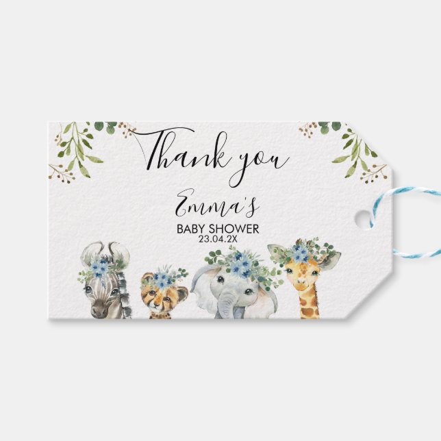 Blue Floral Safari Baby Dusche Vielen Dank Geschenkanhänger (Vorderseite (Horizontal))