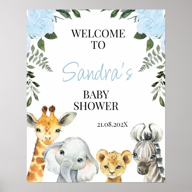 Blue Floral Safari Baby shower Affiche de bienvenu (Devant)