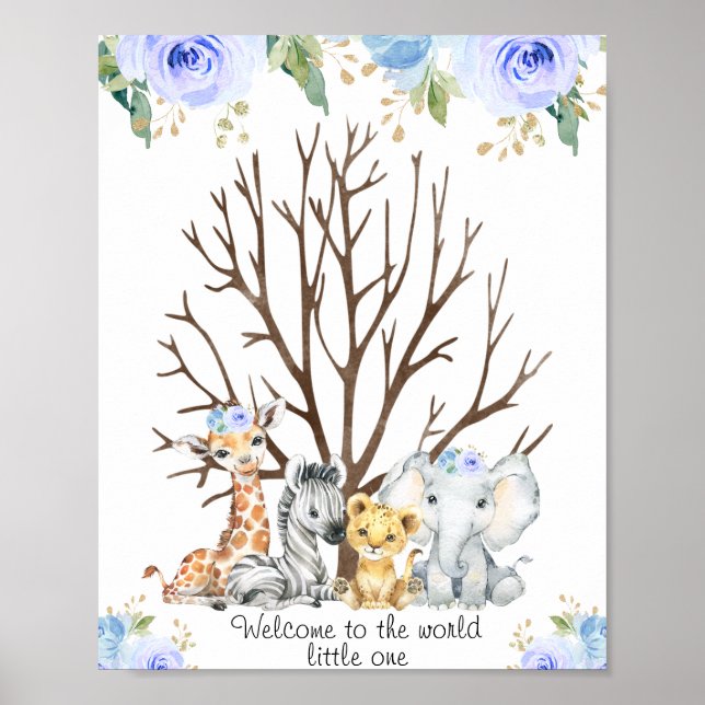 Blue Floral Safari Fingerprint Guestbook Poster (Vorne)