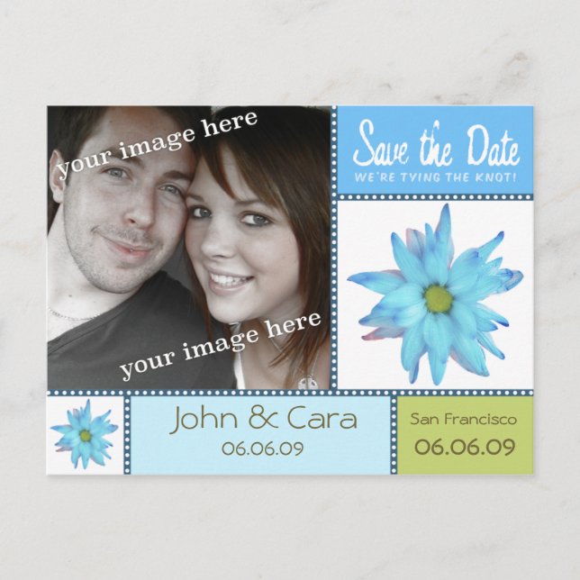 Blue Floral Save the Date Postkarte (Vorderseite)