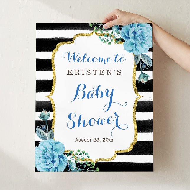 Blue Floral Schwarz-weiß Stripe Baby Duschzeichen Poster (Von Creator hochgeladen)