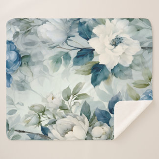 Blue Floral Sherpa Fleece Luxury Blanket Sherpadecke