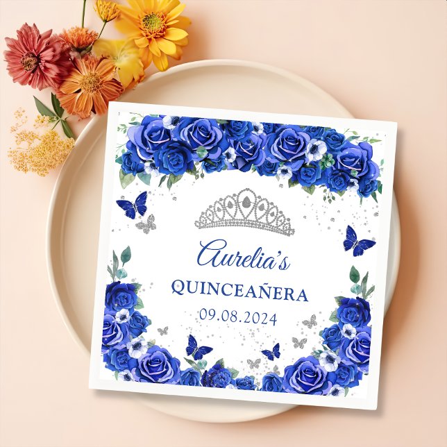 Blue Floral Silver Butterfells Quinceanera Napkins Serviette (Von Creator hochgeladen)
