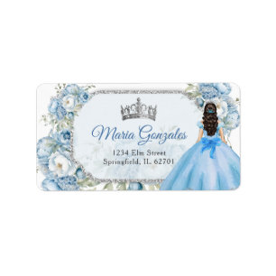 Blue Floral Silver Crown Quinceañera Adresse Adressaufkleber