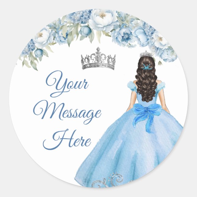 Blue Floral Silver Crown Quinceñera Ihre Botschaft Runder Aufkleber (Vorderseite)