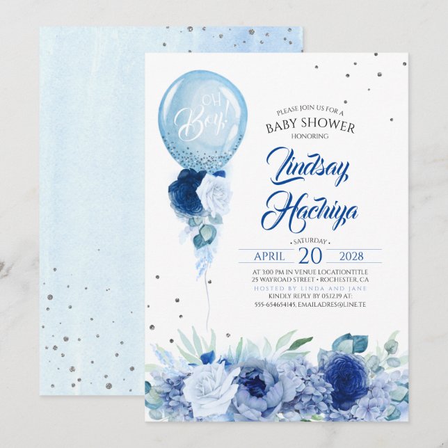 Blue Floral Silver Glitzer Balloon Babydusche Einladung (Vorne/Hinten)