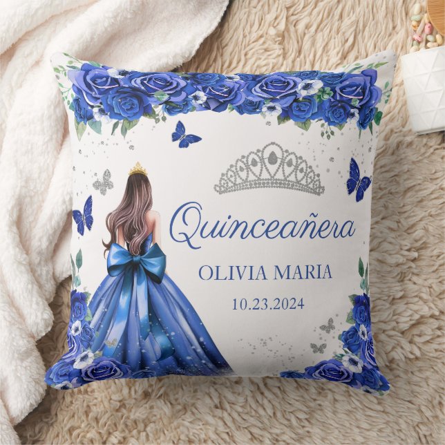 Blue Floral Silver Princess Tiara Quinceanera Kissen (Decke)