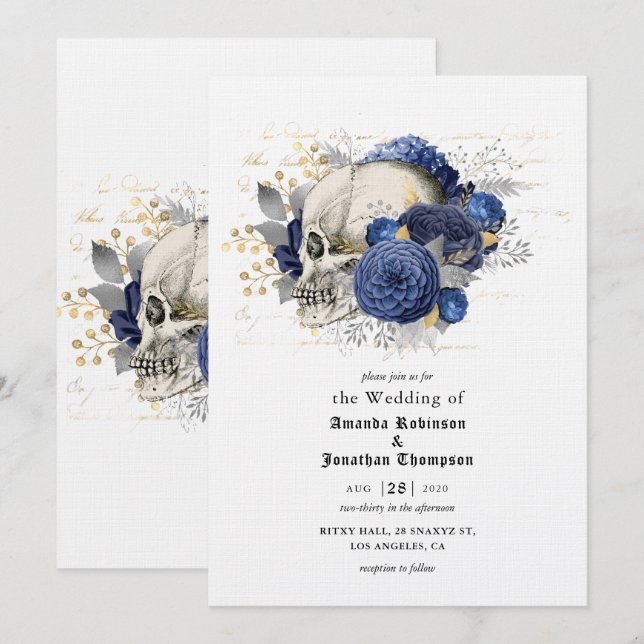 Blue Floral Skull Halloween Gothic Wedding Einladung (Vorne/Hinten)
