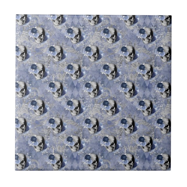 Blue Floral Skull Serie Design 2 Fliese (Vorderseite)