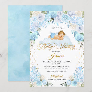 Blue Floral Sleeping Baby Dusche Einladung