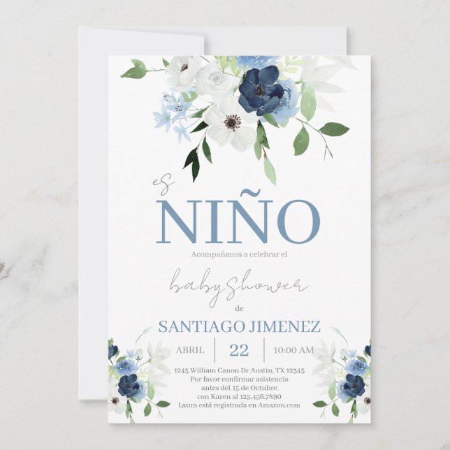 Blue Floral Spanish Baby Shower Boy Einladung (Vorderseite)