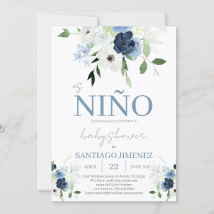 Blue Floral Spanish Baby Shower Boy Einladung