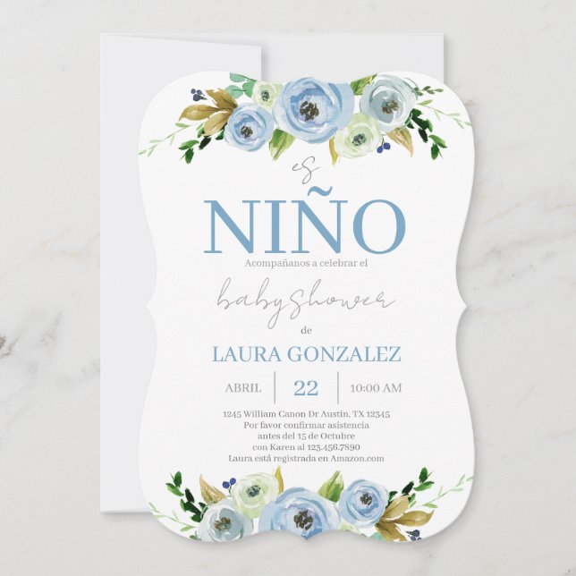 Blue Floral Spanish Baby Shower Boy Einladung (Vorderseite)