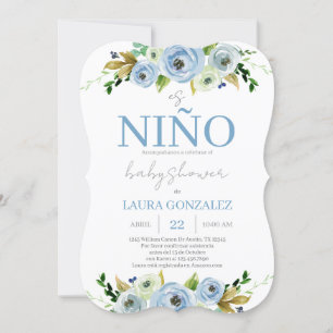 Blue Floral Spanish Baby Shower Boy Einladung