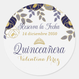 Blue Floral Spanish Quinceanera Reserva la Fecha Runder Aufkleber